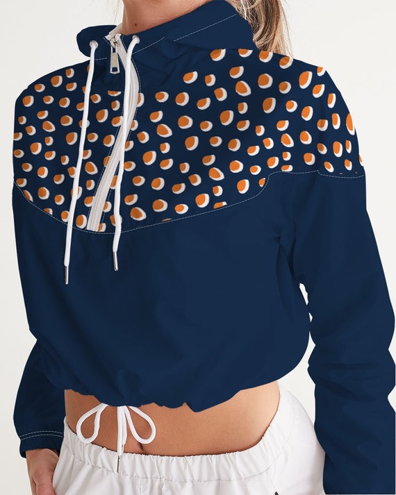 Women's Cropped Windbreaker Blue with Orange Polka Dots