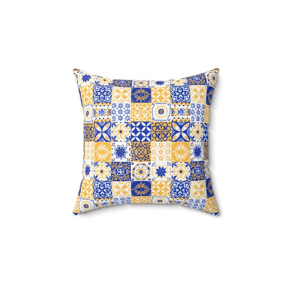 Spun Polyester Square Pillow - Blue and Gold Trendy Tile