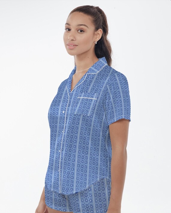 Women's Satin Pajama Set - Periwinkle Stripes