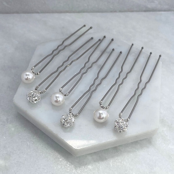 Set of 6 Pearl & Diamante Sphere Hair Pins | Made to Order in Choice of Pearl Colours | Wedding Hair Grips | Bridal Hair Pins