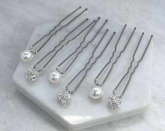 Set of 6 Pearl & Diamante Sphere Hair Pins | Made to Order in Choice of Pearl Colours | Wedding Hair Grips | Bridal Hair Pins