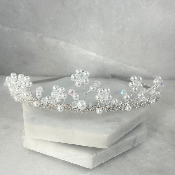 Pearl Daisy Flower Girl Tiara: Crystal Christening Communion Crown