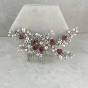 Vintage Silver Burgundy Rose Bud Hair Comb | Flower Hair Comb | Red Flower Hair Slide | Rose Bud