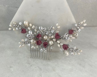 Vintage Silver Burgundy Rose Bud Hair Comb | Flower Hair Comb | Red Flower Hair Slide | Rose Bud