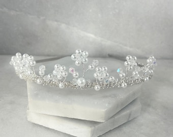 Pearl Daisy Flower Girl Tiara: Crystal Christening Communion Crown