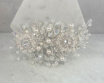 Beautiful Diamante Hair Comb Slide with Pearls and Crystals in Gold Tone 8 cms