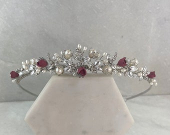 Vintage Silver Burgundy Rose Bud Tiara | Traditional Bridal Tiara | Red Rose Bridal Tiara | Red Flower Crown | Rose Bud