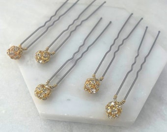 Set of 5 Gold Crystal Rhinestone Hair Pins | Made to Order in Choice of Hair Pin | Gold Diamante Hair Pins | Gold Wedding Pin Set