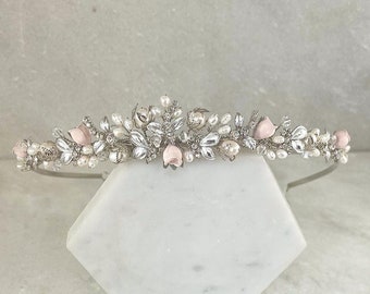 Vintage Silber Blush Rose Knospe Tiara | Traditionelle Braut Tiara | Blush rosa Rose Braut Tiara | Blush Blumenkrone | Rosenknospe