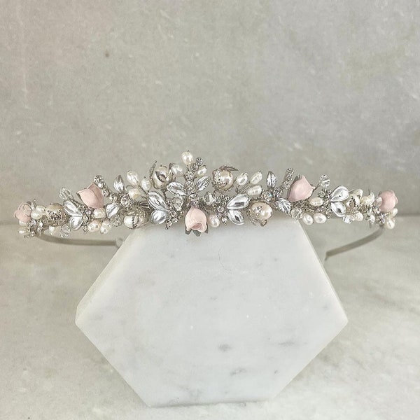 Vintage Silver Blush Rose Bud Tiara | Traditional Bridal Tiara | Blush Pink Rose Bridal Tiara | Blush Flower Crown | Rose Bud