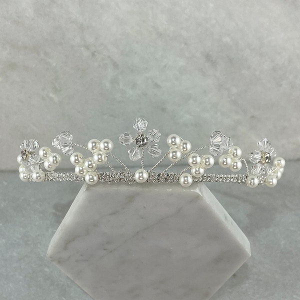 Children's Crystal & Pearl Flower Tiara | Flower Girl Tiara | Communion Tiara | Christening Tiara | Ballet Tiara