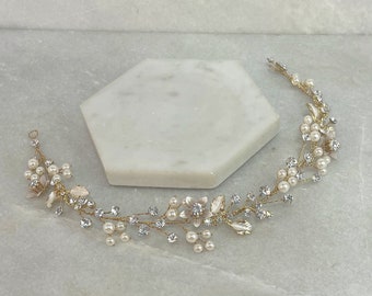Gold Waterlily Flower Pearl & Diamante Hair Vine | Gold Flower Hair Vine | Gold Hair Jewellery