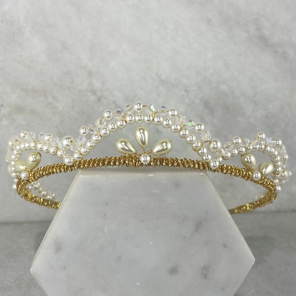 Deco Scalloped Pearl & Crystal Gold Tiara | Delicate Deco Pearl Gold Tiara | Petite Gold Tiara