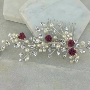 Burgundy Flower Silver Hair Comb | Flower, Pearl & Crystal Burgundy Hair Comb | Red Flower Hair Slide | Painted Flower