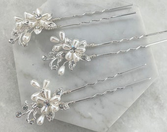 Set of 3 Faux White Pearl & Diamante Hair Pins | Bridesmaid Hair Pins | Wedding Pearl Hair Pins | Holy Communion