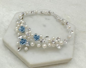 Powder Blue Flower, Pearl & Crystal Bracelet | Light Blue Flower Bridal Bracelet | Something Blue Wedding Bracelet | Painted Flower