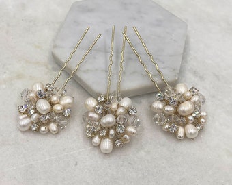 Modern Freshwater Pearl & Diamante Gold Hair Pins | Choose 1, 2 or 3 Pins | Gold Bridesmaid Hair Pins | Gold Bridal Hair Pins | Marilyn