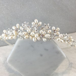 Freshwater Pearl & Diamante Leaf Wedding Tiara | Leaf Tiara | Pearl Bridal Tiara | Arielle