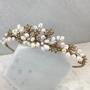 Antique Gold, Ivory Freshwater Pearl & Diamante Leaf Wedding Tiara | Leaf Tiara | Pearl Bridal Tiara | Arielle