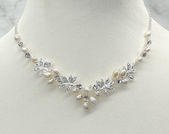 Freshwater Pearl & Diamante Leaf Necklace | Pearl Bridal Necklace | Set Available | Arielle