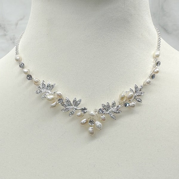 Freshwater Pearl & Diamante Leaf Necklace | Pearl Bridal Necklace | Set Available | Arielle