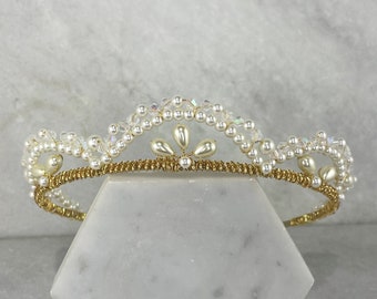 Deco Pearl & Crystal Gold Tiara | Hand Wired Headpiece