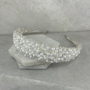 Pearl & Crystal Crescent Headband | Modern Pearl Crystal Bridal Headband | Wide Pearl Wedding Headband