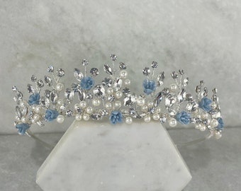 Powder Blue Flower, Pearl & Crystal Wedding Crown | Light Blue Flower Bridal Tiara | Something Blue Bridal Tiara | Painted Flower