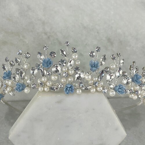 Powder Blue Flower, Pearl & Crystal Wedding Crown | Light Blue Flower Bridal Tiara | Something Blue Bridal Tiara | Painted Flower