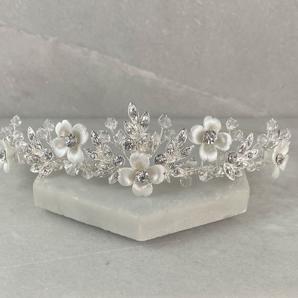 Brushed Silver Flower & Diamante Leaf Wedding Tiara | Modern flower Bridal Tiara