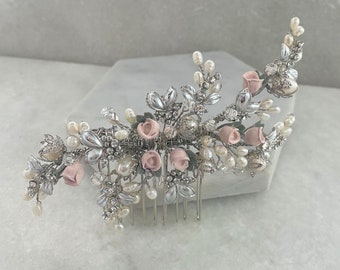 Vintage Silver Blush Pink Rose Bud Hair Comb | Flower Hair Comb | pink Flower Hair Slide | Rose Bud