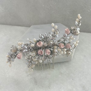 Vintage Silver Blush Pink Rose Bud Hair Comb | Flower Hair Comb | pink Flower Hair Slide | Rose Bud