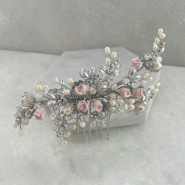 Vintage Silver Blush Pink Rose Bud Hair Comb | Flower Hair Comb | pink Flower Hair Slide | Rose Bud