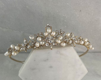 Gold Crystal Flower & Freshwater Pearl Wedding Tiara | Classic Pearl Gold Tiara | Gold Bridal Tiara | Matching Jewellery Available | Kate