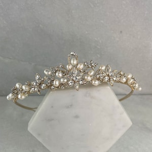 Gold Crystal Flower & Freshwater Pearl Wedding Tiara | Classic Pearl Gold Tiara | Gold Bridal Tiara | Matching Jewellery Available | Kate