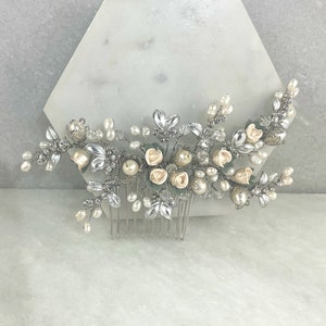 Vintage Silver Rosebud Hair Comb: Pearl & Crystal Floral Hair Slide
