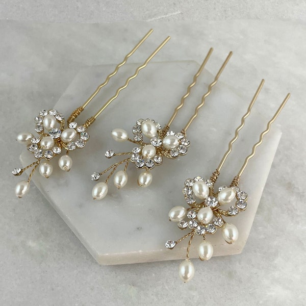 Lot de 3 épingles à cheveux en or, perles et strass | Épingles à cheveux dorées pour demoiselle d'honneur | Épingles à cheveux en perles de mariage