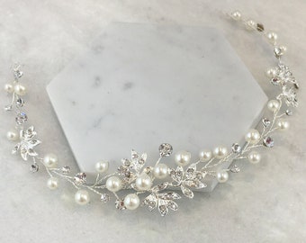 Feuille de cristal, perle ivoire et strass dans les cheveux (Argent) | Liane de cheveux feuille d'argent | Liane perlée et cristal | Arielle