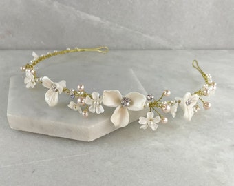Gold Flower Headband: Porcelain Flowers, Pearls & Crystals