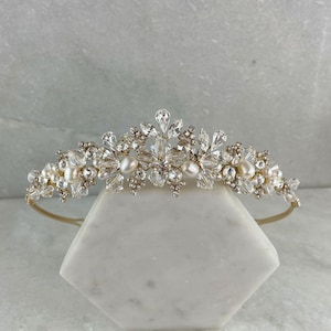 Gold Crystal & Cubic Zirconia Wedding Tiara with Freshwater Pearls | Traditional Gold Crystal and Pearl Bridal Tiara | Diamond Tiara | Angel