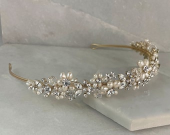 Freshwater Pearl Flower & Crystal Leaf Gold Headband | Gold Wedding Headband | Gold Pearl and crystal tiara | Romance