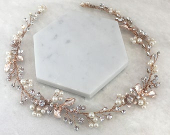 Waterlily Flower Pearl & Diamante Rose Gold Hair Vine | Rose Gold Flower Hair Vine | Rose Gold Long Hair Vine