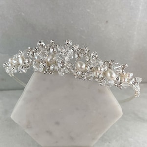 Sparkling Crystal & Cubic Zirconia Wedding Tiara with Freshwater Pearls | Traditional Crystal and Pearl Bridal Tiara | Diamond Tiara | Angel