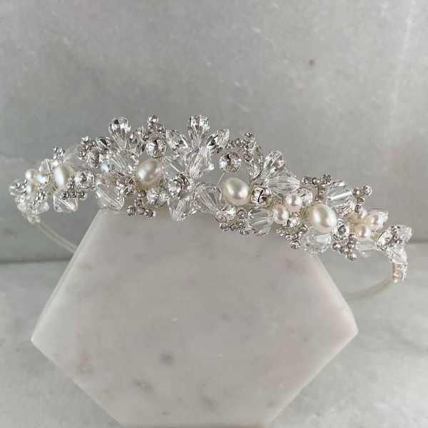 Sparkling Crystal & Cubic Zirconia Wedding Tiara with Freshwater Pearls | Traditional Crystal and Pearl Bridal Tiara | Diamond Tiara | Angel