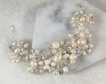Freshwater Pearl & Diamante Cuff Bracelet | Natural Pearl Bridal Bracelet | Pearl and Crystal Statement Bracelet | Marilyn