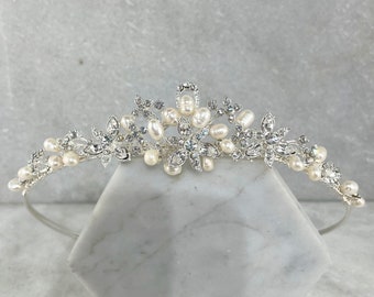 Crystal Flower & Freshwater Pearl Wedding Tiara | Classic Pearl Tiara | Pearl Bridal Tiara | Kate