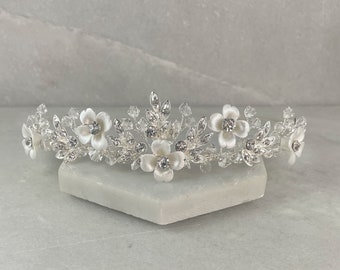 Brushed Silver Flower & Diamante Leaf Wedding Tiara | Modern flower Bridal Tiara