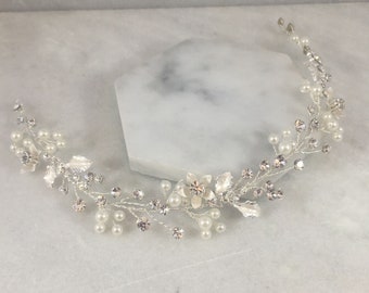 Silver Waterlily Flower Pearl & Diamante Hair Vine | Silver Flower Hair Vine | Bridesmaid Vine | Holy Communion