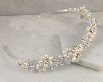 Freshwater Pearl Flower & Crystal Leaf Headband | Wedding Headband | Pearl and crystal tiara | Romance