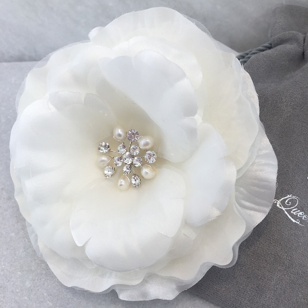 Classic Ivory Fabric Hair Flower with Freshwater Pearls & Diamante Crystal